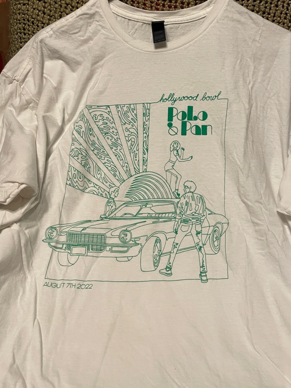 Gildan White Tee with Green Polo & Pan Concert Graphic